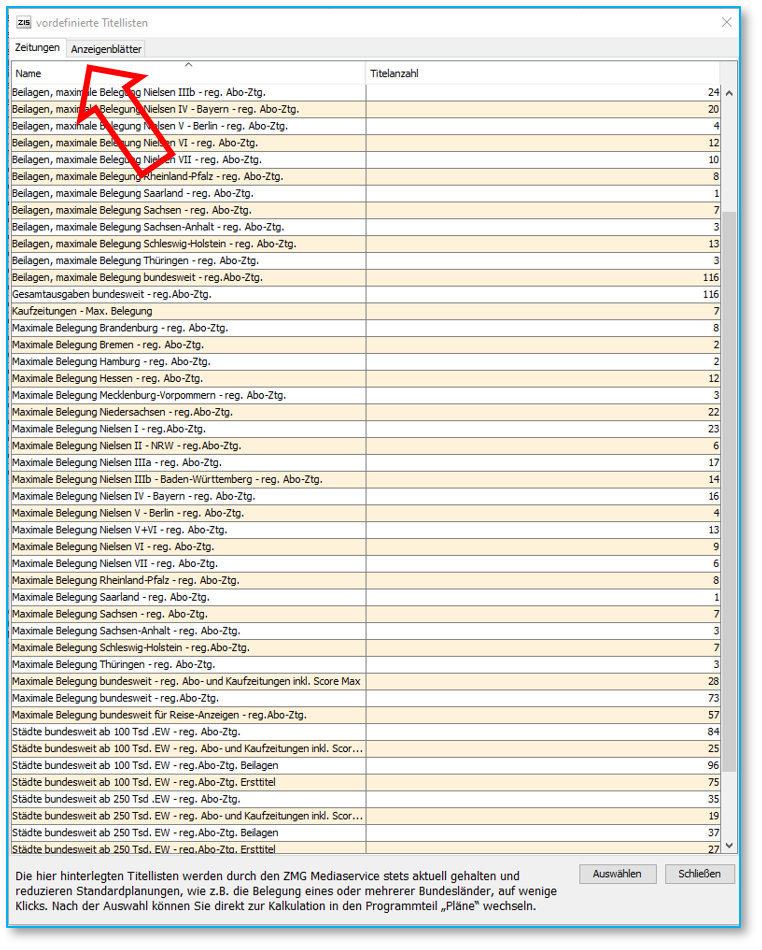 Auswahlfenster für vordefinierte Titellisten: Zeitungen und Anzeigenblätter in zwei Reitern Auswahlfenster für vordefinierte Titellisten: Zeitungen und Anzeigenblätter in zwei Reitern